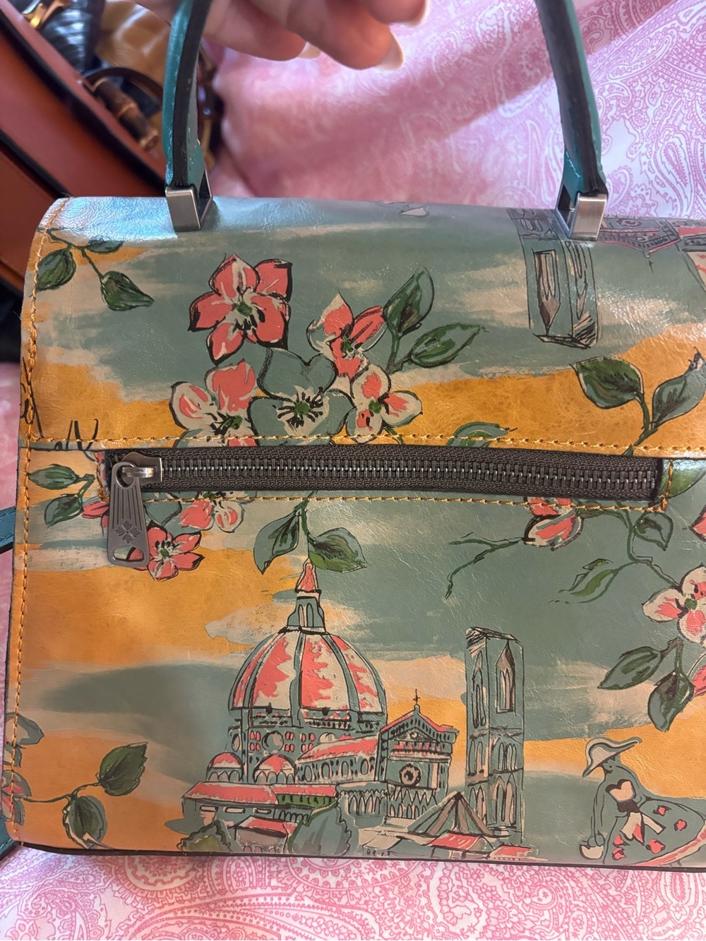 Patrica Nash Floral Printed Top-Handle Satchel in Mustard and Teal - Picture 4 of 5